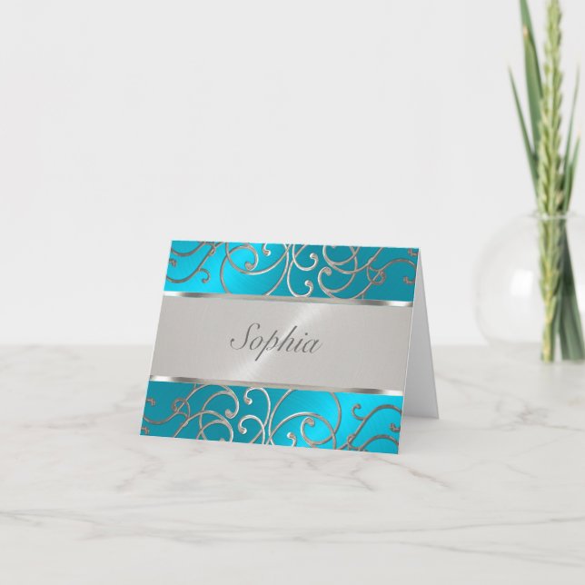 Quinceanera Türkise Blue Silver Filigree Wirbel Einladung (Vorderseite)