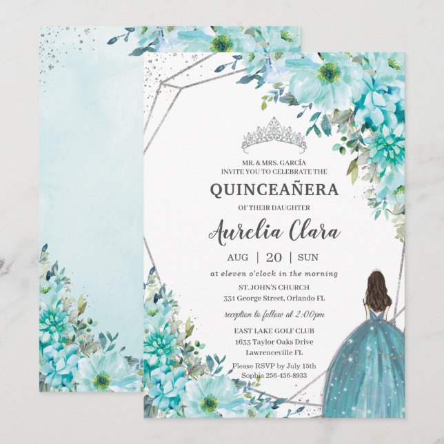 Quinceañera Turquoise Blue Floral Silver Princess Einladung (Vorne/Hinten)