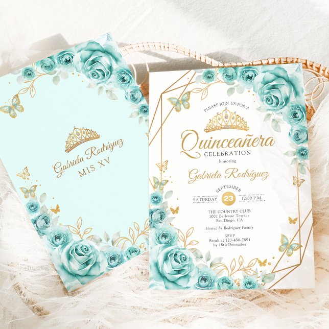 Quinceanera Turquoise Floral Gold Einladung (Von Creator hochgeladen)