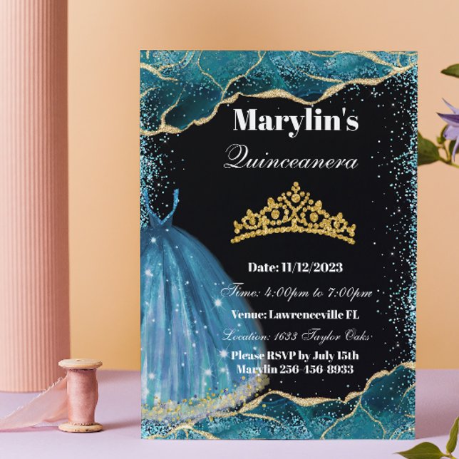 Quinceañera Turquoise Glitzer Ballgown Geburtstag Einladung (Von Creator hochgeladen)