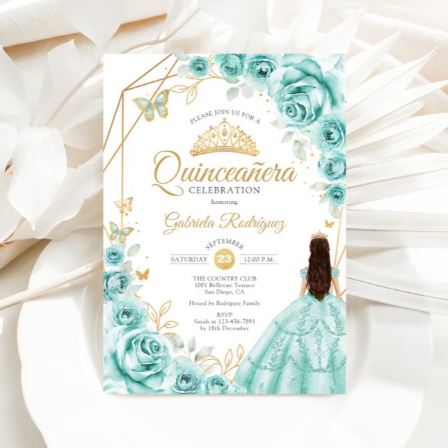 Quinceanera Turquoise Gold Floral Dress Einladung (Von Creator hochgeladen)