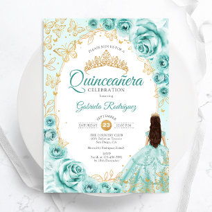 Quinceanera Turquoise Gold Floral Einladung