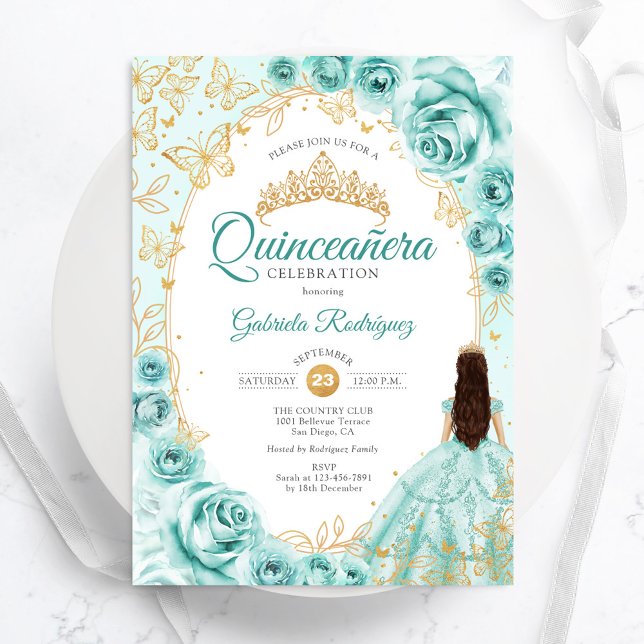 Quinceanera Turquoise Gold Floral Einladung (Von Creator hochgeladen)
