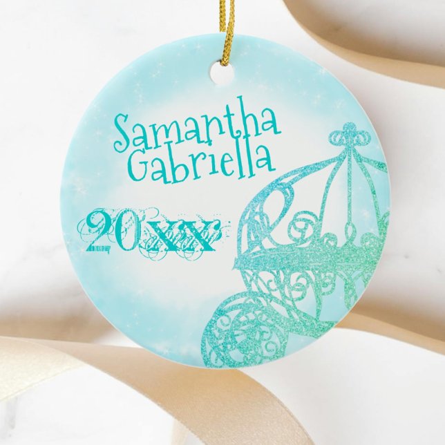 Quinceanera Turquoise Keepsaké ornement de Noël (light turquoise aqua aquamarine christmas photo ornament quinceanera princess gift horse carriage)