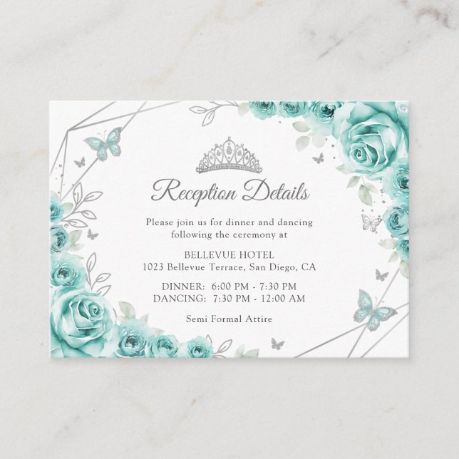 Quinceanera Turquoise Silver Floral Details Begleitkarte (Vorderseite)