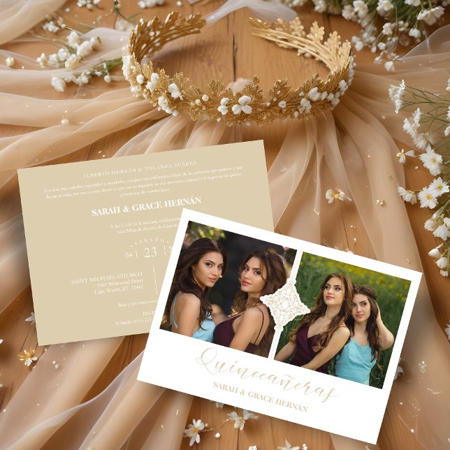 Quinceañera Twins 2 Foto Imitat Ornament Obelisk Einladung (Spanish Quinceañera Twins 2 Photos Ornament Faux Golden Invitation. )