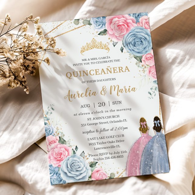 Quinceañera Twins Baby Blue Pink Floral Rose Einladung (Von Creator hochgeladen)