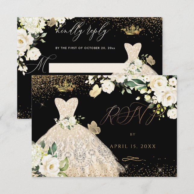 Quinceanera UAWG Champagne Gold Glitzer Gown Einladung (Vorne/Hinten)