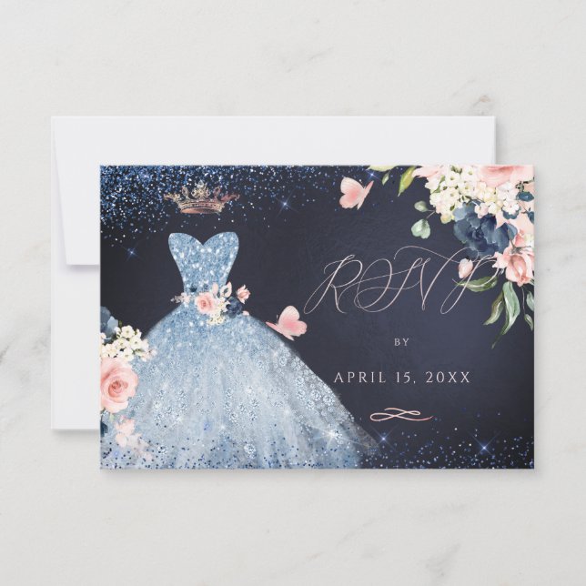 Quinceanera UAWG Dusty Blue Glitzer Gown Einladung (Vorderseite)