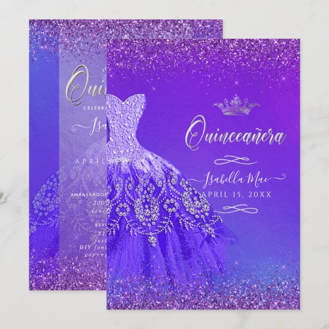Quinceanera Ultra Violet Ombre Glitzer Gown Einladung (Vorne/Hinten)