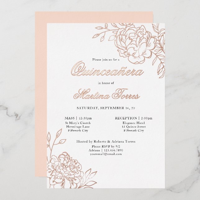 Quinceanera und Mass Elegante Botanische Rose Gold Folieneinladung (Vorderseite/Rückseite)