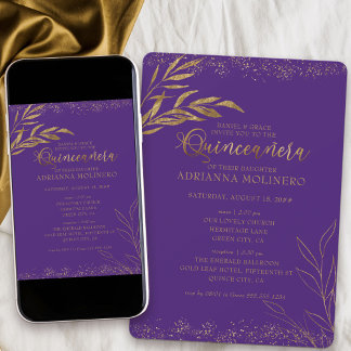 Quinceanera und Mass Elegantes Lila- und Goldblatt Einladung