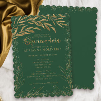 Quinceanera und Mass Emerald Green und Gold Blätte Einladung