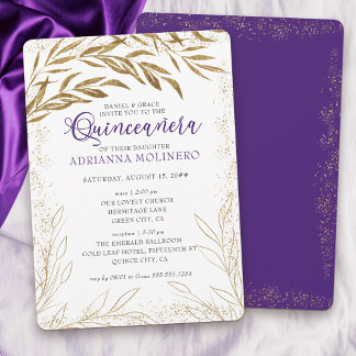 Quinceanera und Mass Luxury Lila- und Gold-Blätter Einladung