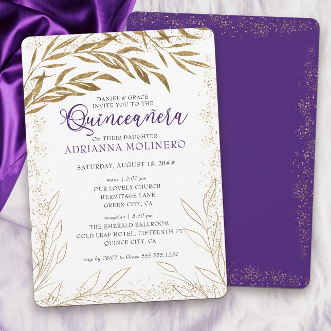 Quinceanera und Mass Luxury Lila- und Gold-Blätter Einladung (Elegant invitation to Quinceanera & church blessing white, purple and gold - my Gold Leaf Collection)