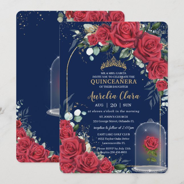 Quinceañera Verzauberte Rote Rose Blauer Navy Blau Einladung (Vorne/Hinten)