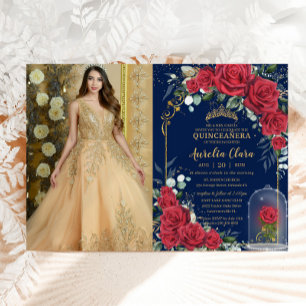 Quinceañera Verzauberte Rote Rose Blauer Navy Blau Einladung
