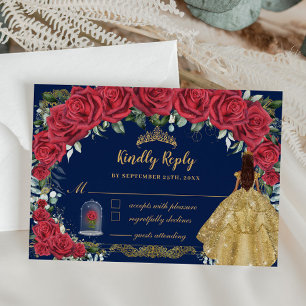 Quinceañera Verzauberte Rote Rose Blauer Navy Blau RSVP Karte