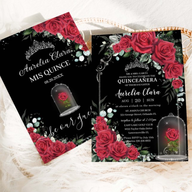 Quinceañera Verzauberte Rote Rose Floral Black Sil Einladung (Von Creator hochgeladen)