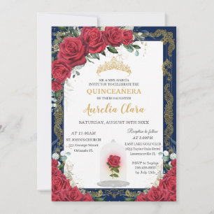 Quinceañera Verzauberte Rote Rose Navy Blue Gold Einladung