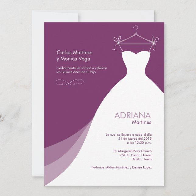 Quinceañera Vestido Púrpura Einladung (Vorderseite)