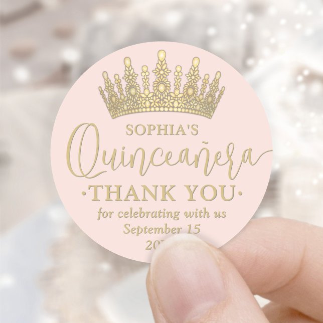 Quinceañera Vielen Dank Chic Blush Pink & Gold Cro Runder Aufkleber (Von Creator hochgeladen)