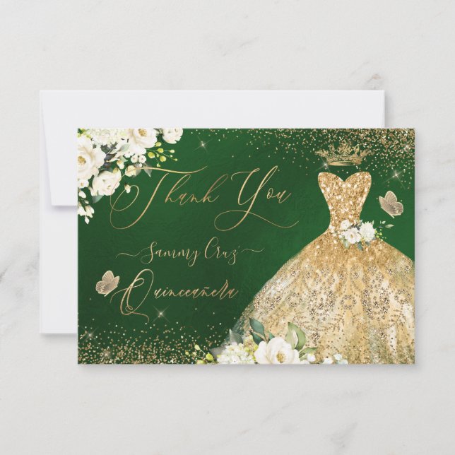 Quinceanera Vielen Dank, dass Sie Green Gold Glitz Dankeskarte (Vorderseite)