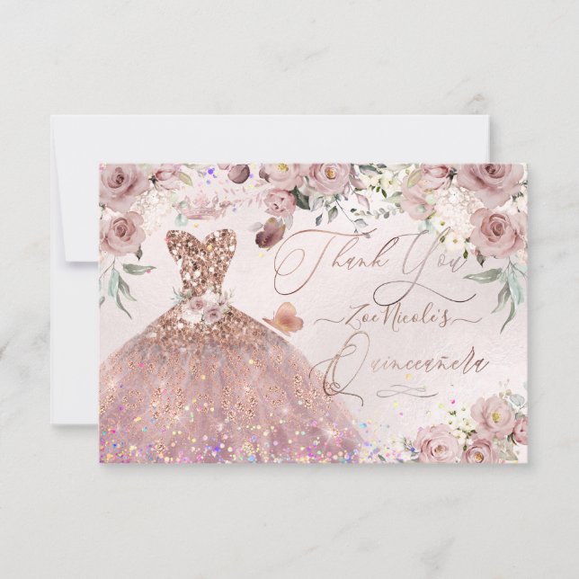 Quinceanera Vielen Dank Dusty Rose Glitzer Gown Ca Einladung (Vorderseite)