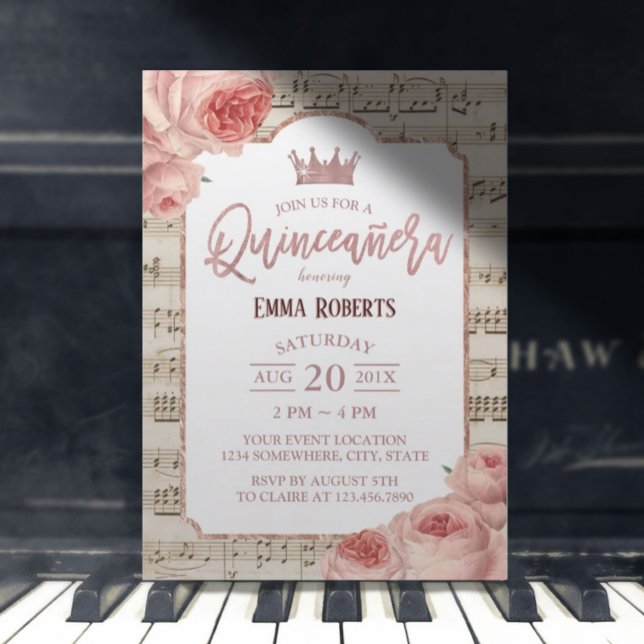 Quinceanera Vintage Rose Blumenmusik Geburtstag Einladung (Von Creator hochgeladen)