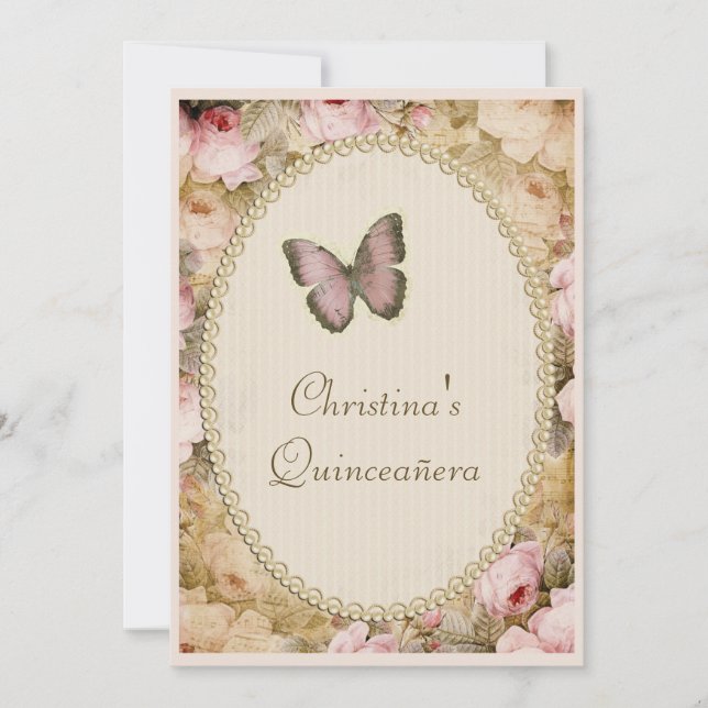 Quinceañera Vintage Rose Butterfly & Musiknotens Einladung (Vorderseite)