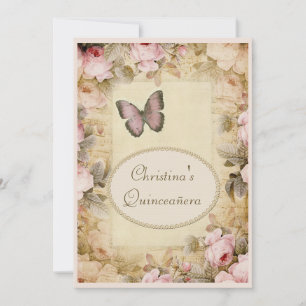 Quinceañera Vintage Rosen Schmetterling u. Einladung