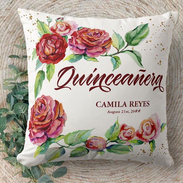 Quinceanera Vintage Rote Rosen Personalisiert Kissen (Von Creator hochgeladen)