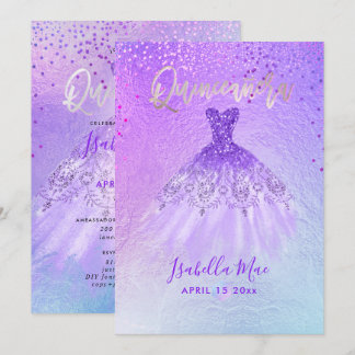 Quinceanera Violet+Blue Gown+Confetti Einladung