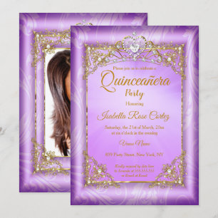 Quinceanera Violette Perlen-Foto Gold-Tiara Party Einladung