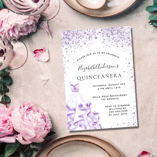 Quinceanera violettes Kleid Glitzer Einladungspostkarte (Von Creator hochgeladen)