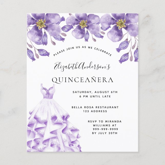 Quinceanera violettes weißes Kleid Blumenbudget Flyer (Vorne)