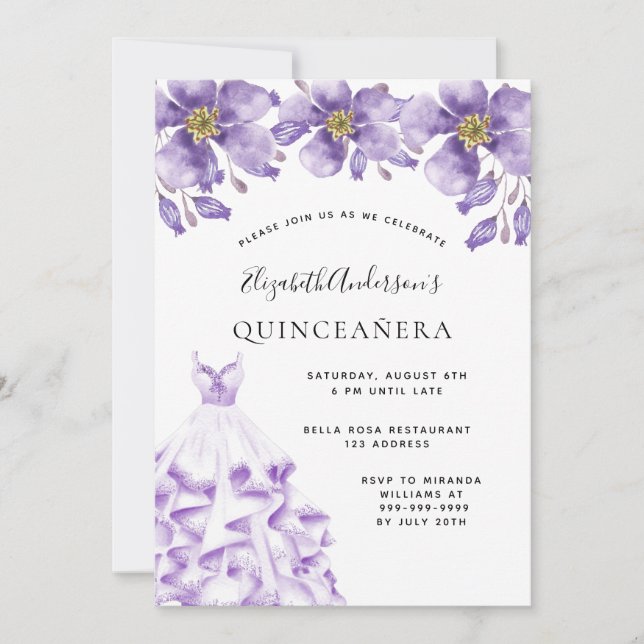 Quinceanera violettes weißes Kleid floral elegant Einladung (Vorderseite)