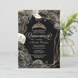 Quinceañera w Black & Gold Rose und Tiara Invita Einladung