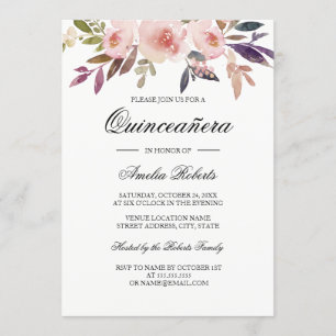 Quinceanera-Wasserfarbe-Floral Rosa-Navy-Lila Einladung