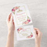 Quinceanera Wasserfarbe Rosa Blütengoldkronen