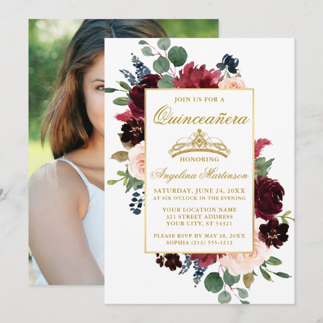 Quinceanera Watercolor Burgund Pink Foto Einladung (Vorne/Hinten)
