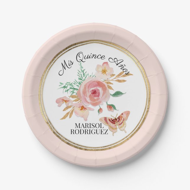 Quinceanera Watercolor Gold Rosa Schmetterling Flo Pappteller (Vorderseite)