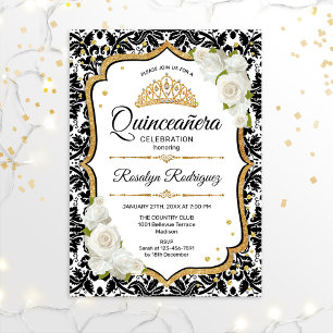 Quinceanera - Weiß Schwarz Damast Gold Einladung
