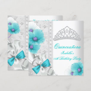 Quinceañera Weiß Türkis Blau Blumen Diamant Tiara Einladung