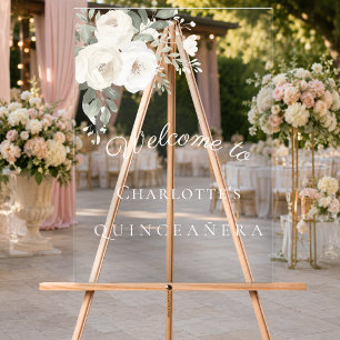 Quinceanera weiße Blumen klare Party Begrüßung Acrylschild