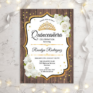 Quinceanera - Weiße Rosen aus rustikalem Holz Einladung