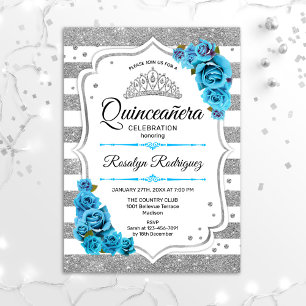 Quinceanera - Weiße Silberstreifen Blau Einladung