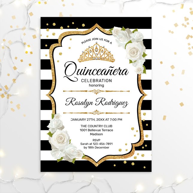 Quinceanera - Weißes Schwarzes Gold Einladung (Von Creator hochgeladen)