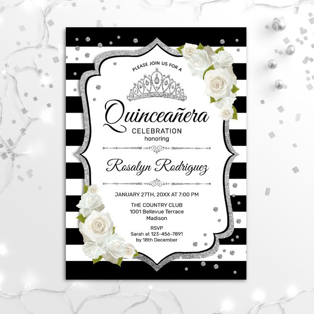 Quinceanera - Weißes Schwarzes Silber Einladung (Von Creator hochgeladen)