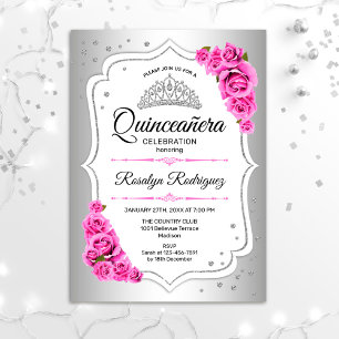 Quinceanera - Weißes Silberrosa Einladung